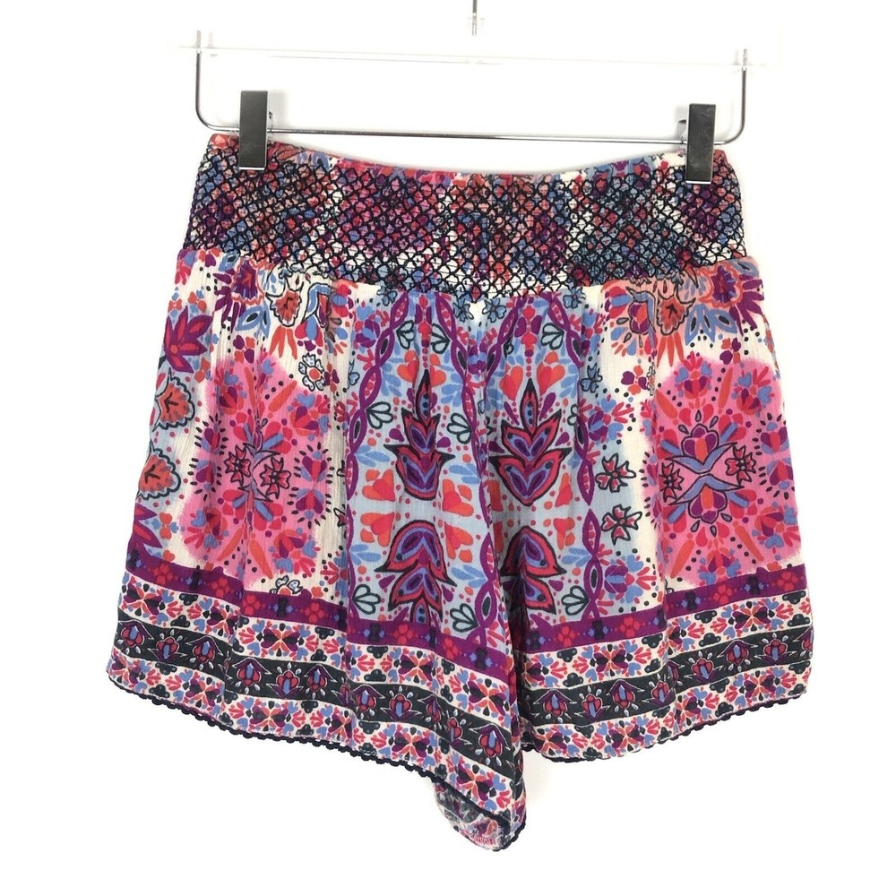 Aqua Printed Smocked Shorts Boho Paisley Pockets Casual Lounge Hot Pink Small - Picture 2 of 5